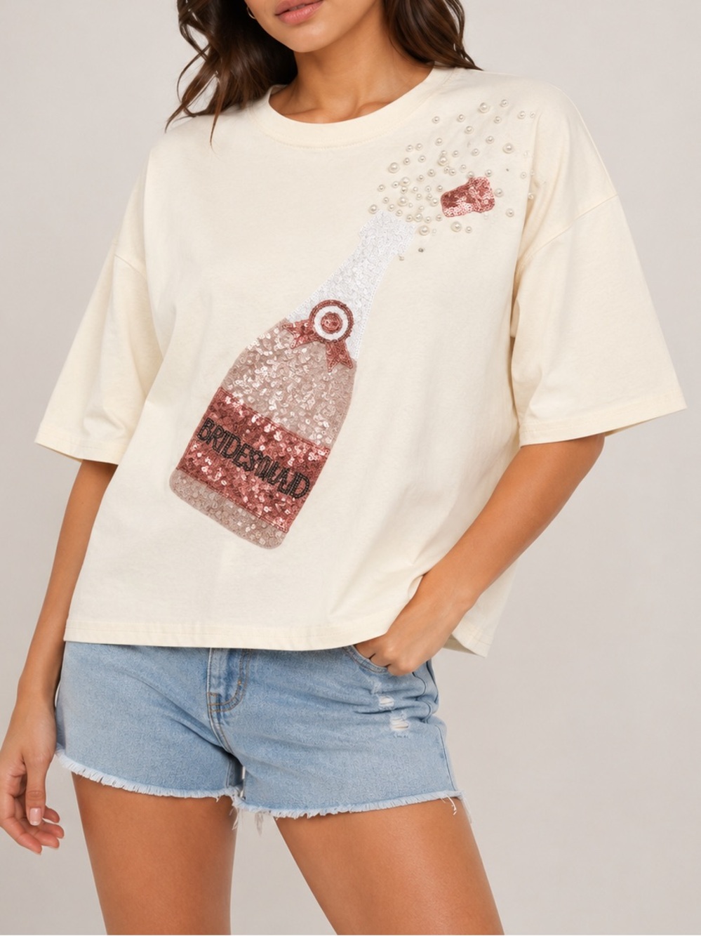 Peach Love California Bridesmaid Sequin Champagne Pearl Graphic Tee Cream Small